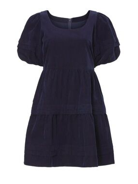 MADEWELL Navy Corduroy Puff-Sleeve Tiered Dress